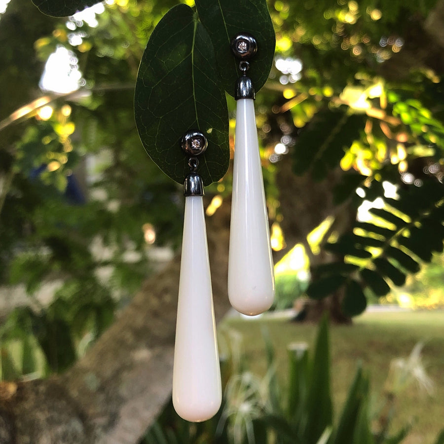 White Agate Long Drop Earrings With Diamond Donut Post