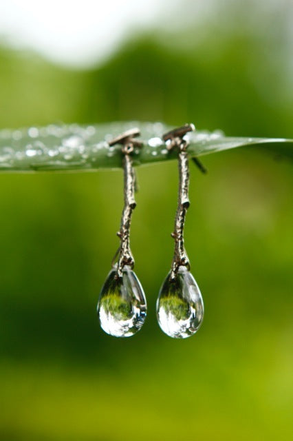 Bermuda Cedar Branch Earrings With Quartz Waterdrop