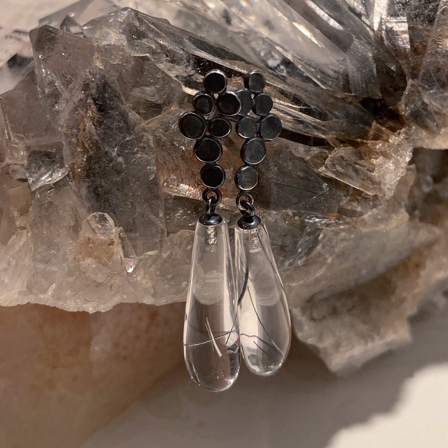Tourmalinated Quartz Drop Earrings with Paillettes
