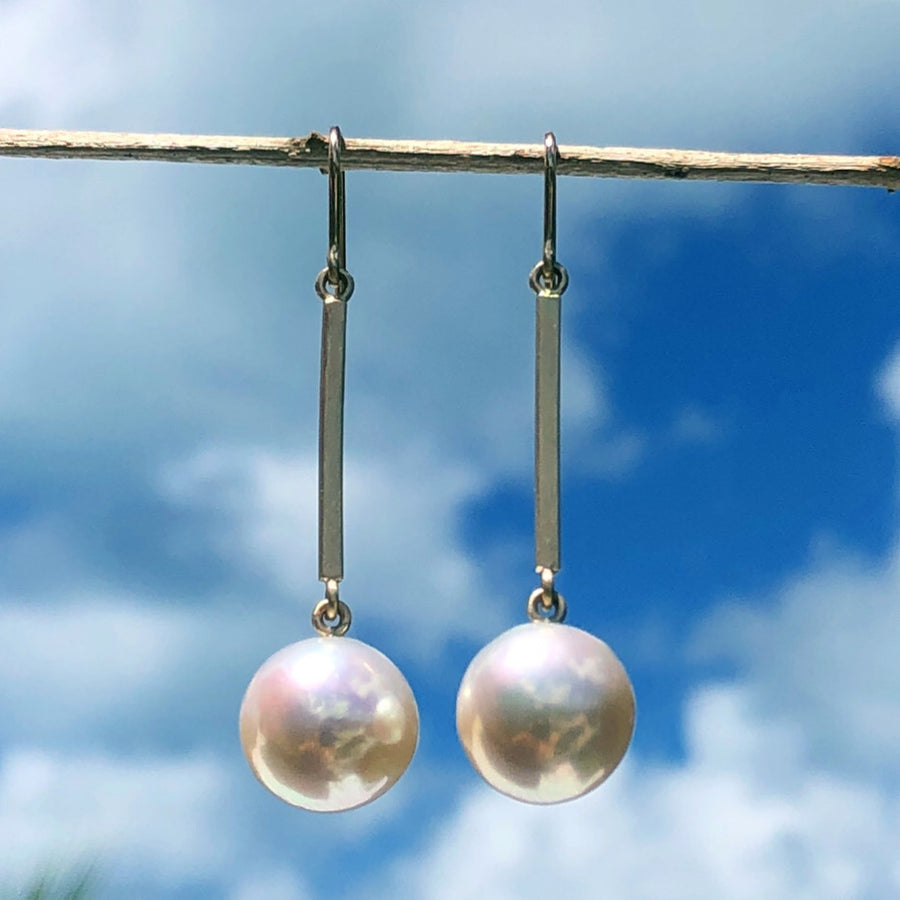 14K Yellow Gold Mod-Bar Earrings With Freshwater Pearls