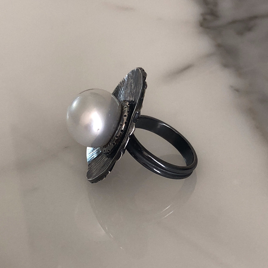 Sea Urchin Sculptural Ring With Tahitian Pearl