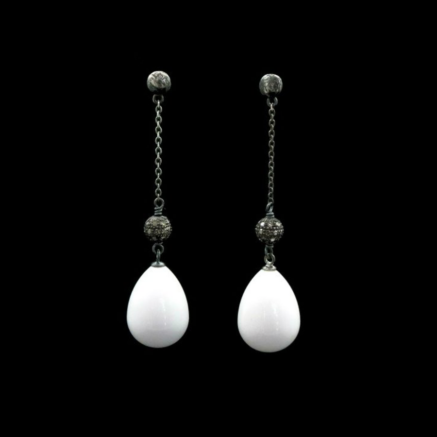 White Agate Drop Earrings With Pave Diamond Spheres