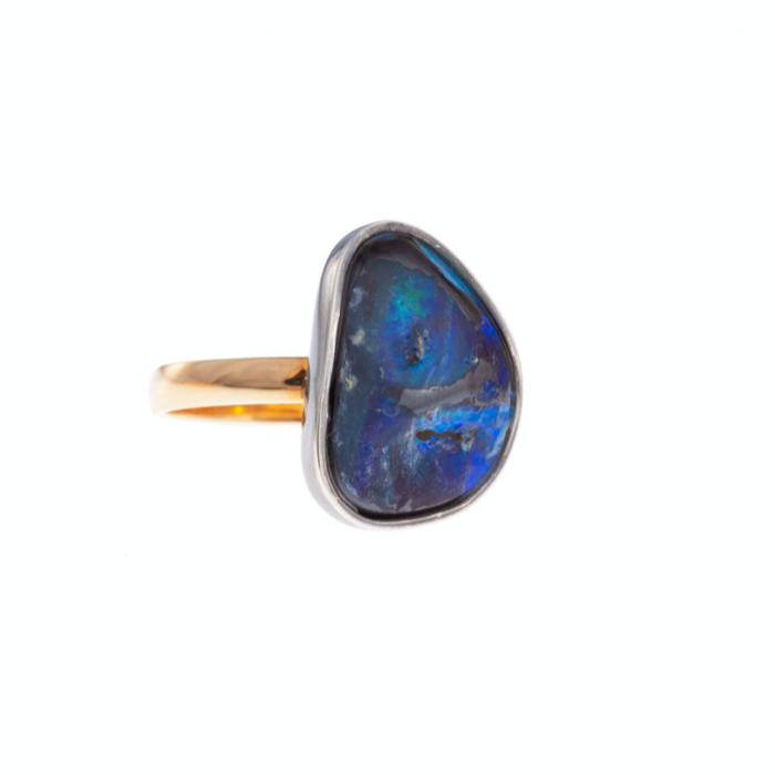 Organic Opal Ring With Oxidised Sterling Shell
