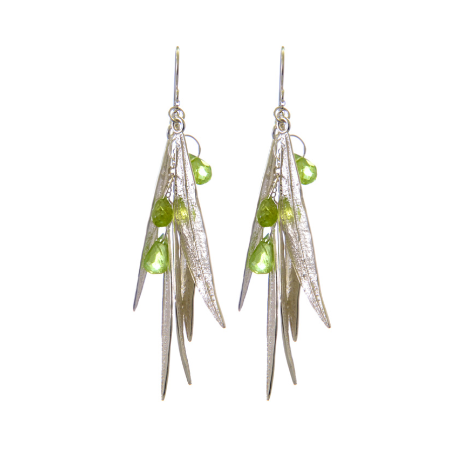 Dangling Earrings of Oleander Leaves &amp; Peridot Briolettes